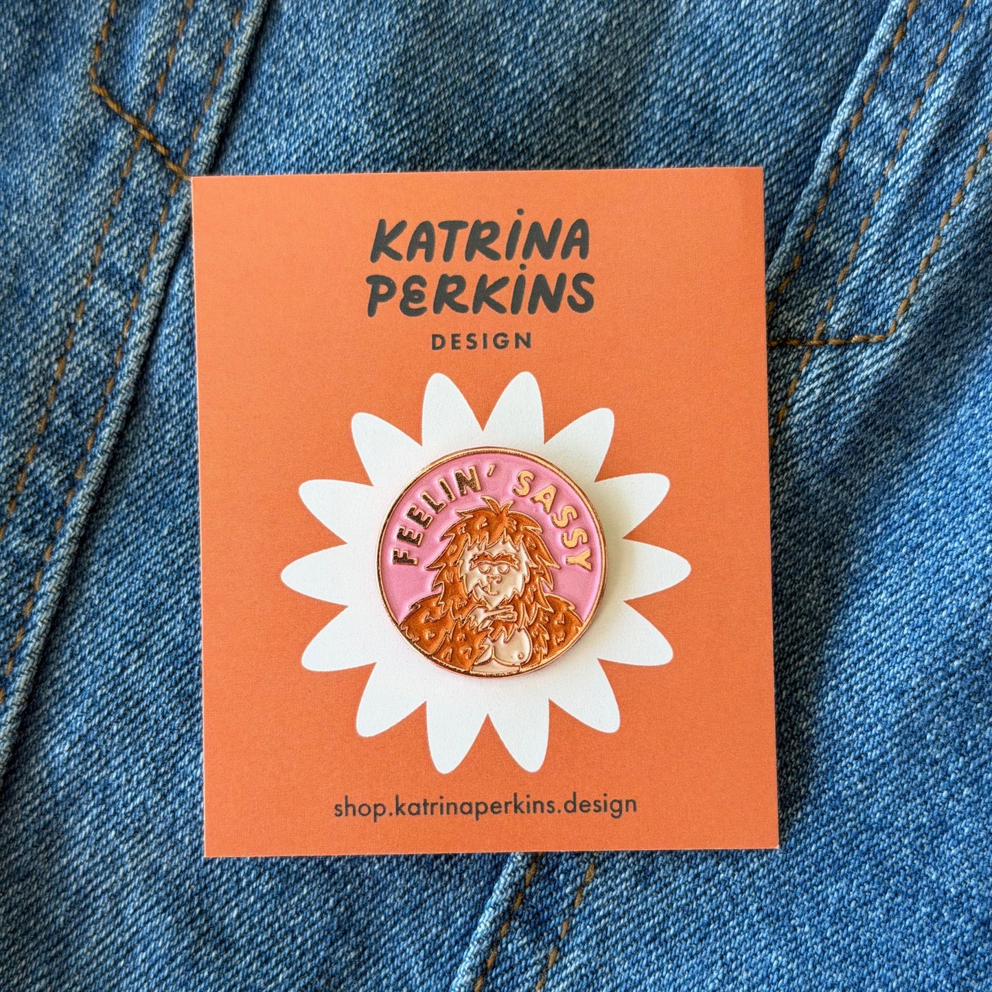Pin on a card with 'Katrina Perkins Design' branding against a denim background