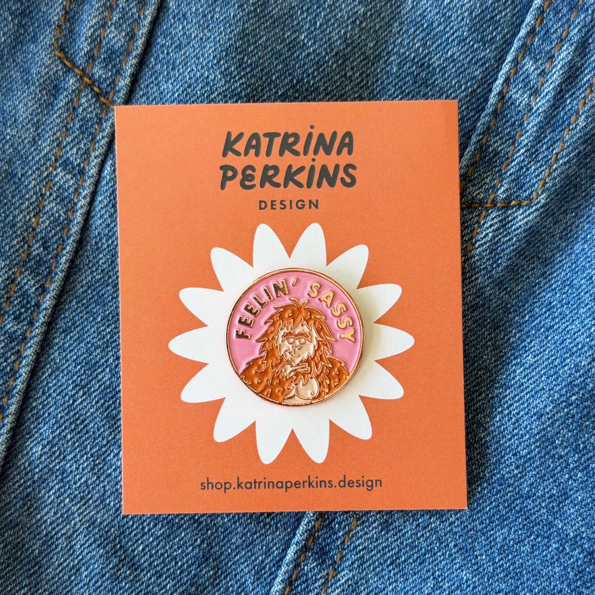 Pin on a card with 'Katrina Perkins Design' branding against a denim background